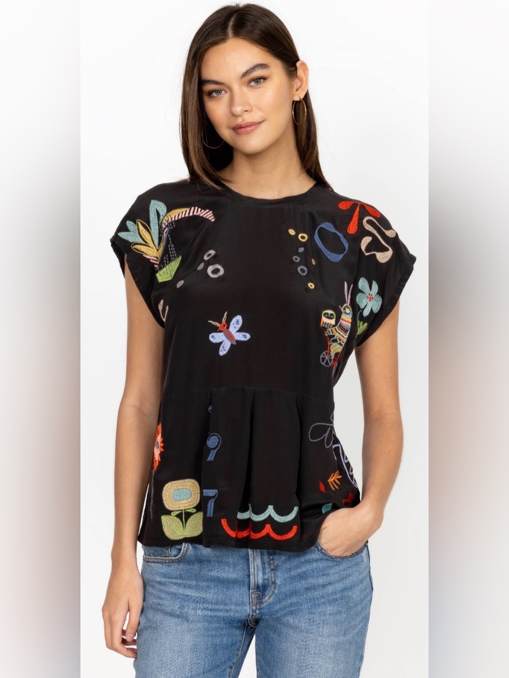 Johnny Was Zelia Embroidered Silk Blouse Black Boho Tie Back Top Womens M NWOT